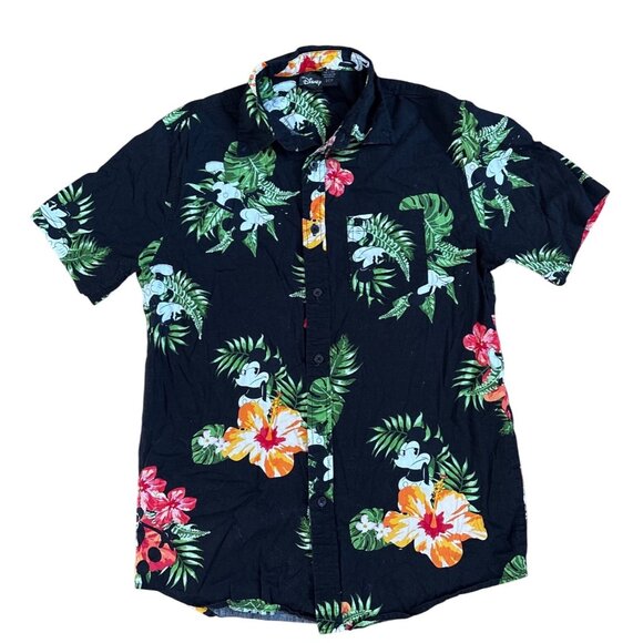 Mickey Mouse Shirt Black Hawaiian Shirt Men Sm Cotton Tropical Short Sleeve - Picture 1 of 7